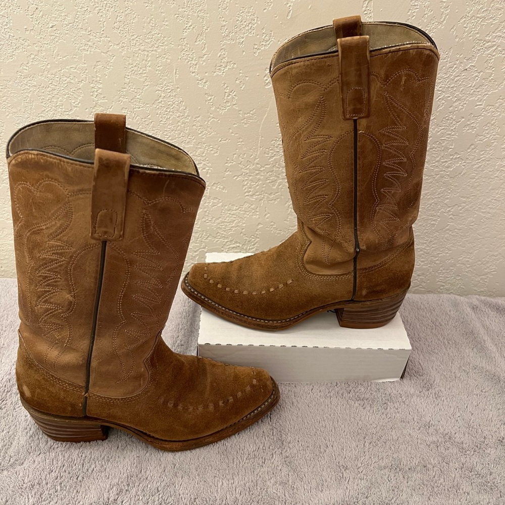 Vintage Texas Brand Men Tan Leather Suede Western Cowboy Boots Sz 7.5 D USA 7566